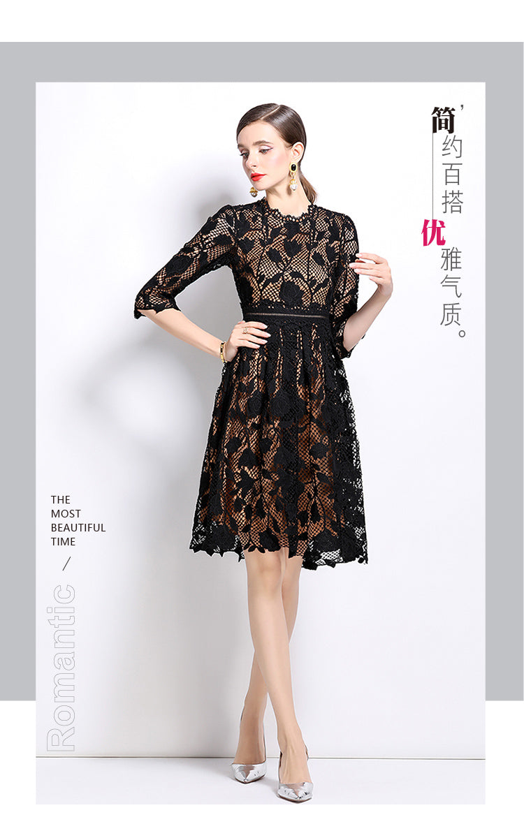 Original design mid long sleeved fashionable slimming hollow out water-soluble lace positioning mid length dress