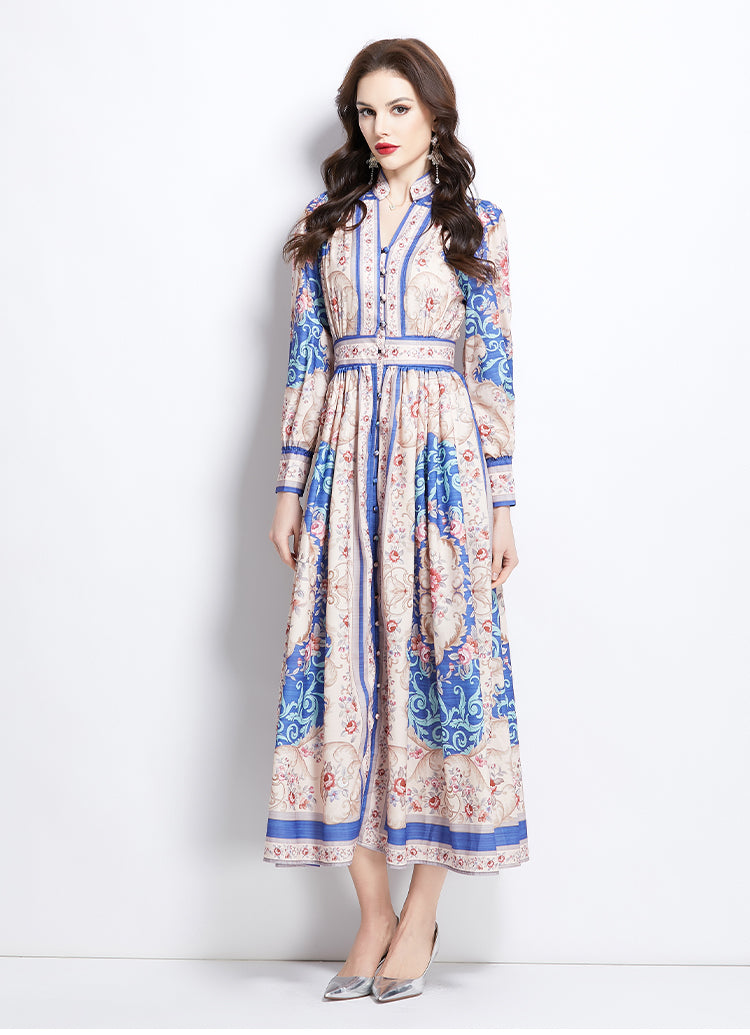 Original Design Spring/Summer Classical Palace Style Printed Bouquet Waist Single breasted Long Dress