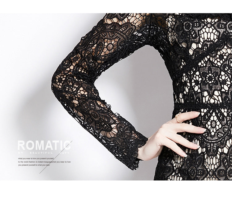 Original design for spring and summer water-soluble lace V-neck slim fit mid length dress for women