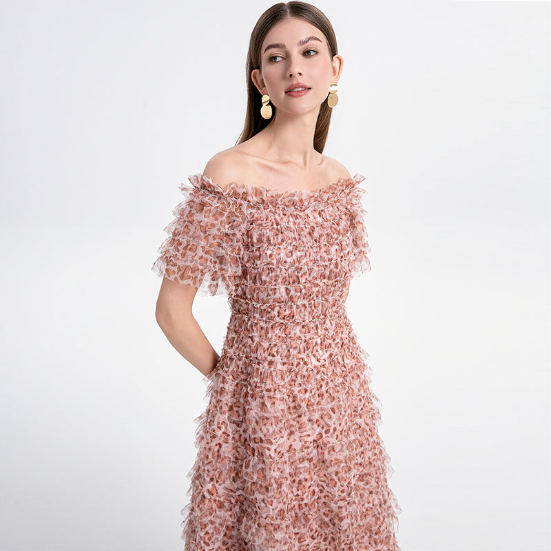 Beautiful French leopard print puff sleeve one-shoulder mesh temperament dress