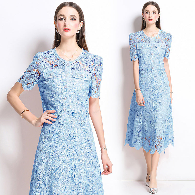 Original design for spring and summer small fragrance style set light luxury and high-end water-soluble lace skirt two-piece set