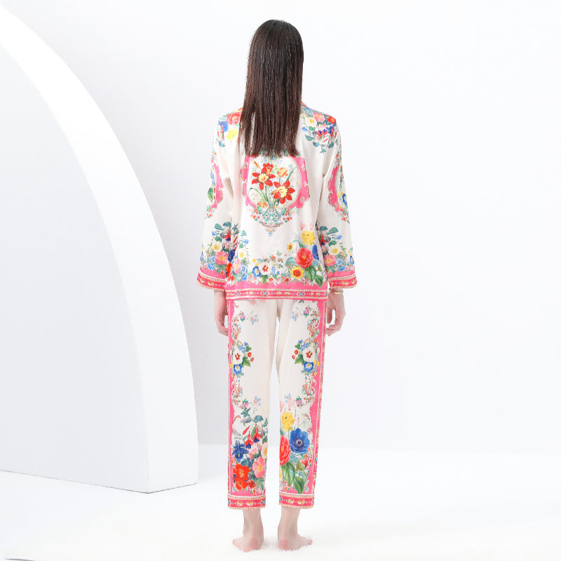Original design: Spring, Summer, Autumn, Casual Trim, Pajama Set, Suit Collar, Long Sleeves, Long Pants, Printed Two-Piece Set