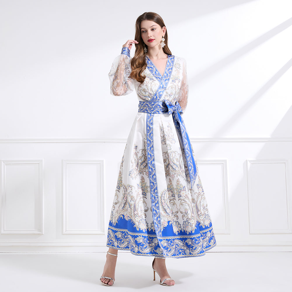 Original design - spring and summer resort style lace patchwork print waist maxi skirt ruffle dress