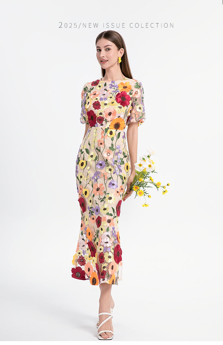 Handmade three-dimensional color embroidery puff sleeve wrap hip temperament mermaid tail skirt art handmade three-dimensional color embroidery puff sleeve hip wrap temperament mermaid skirt