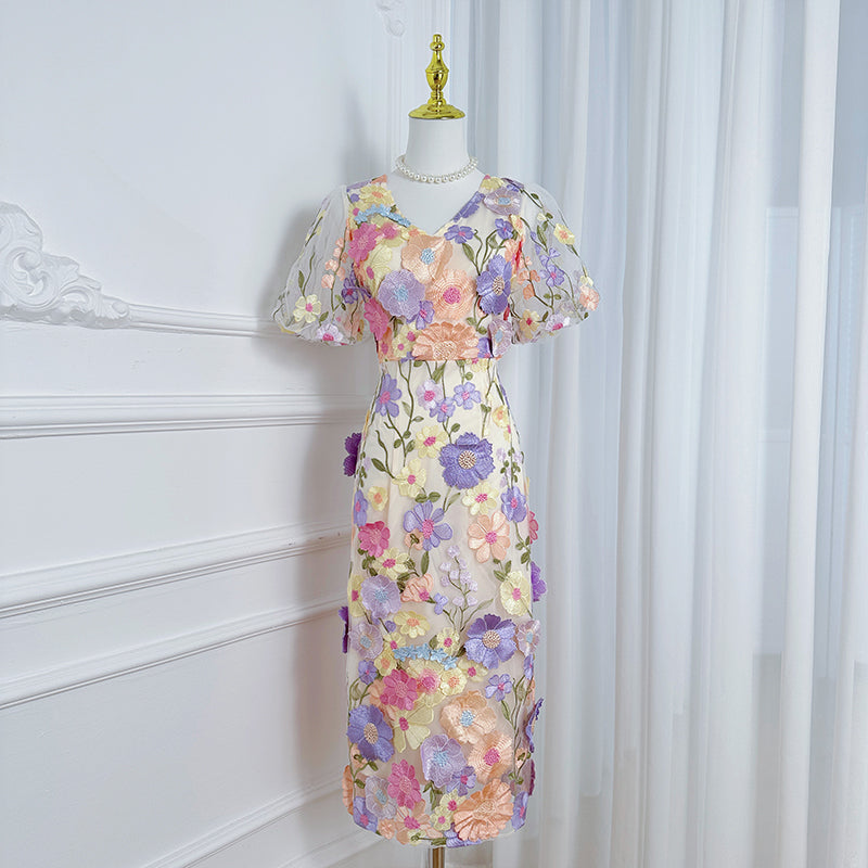 Art embroidery boutique color hand-ordered vintage V-neck slit wrap hip dress