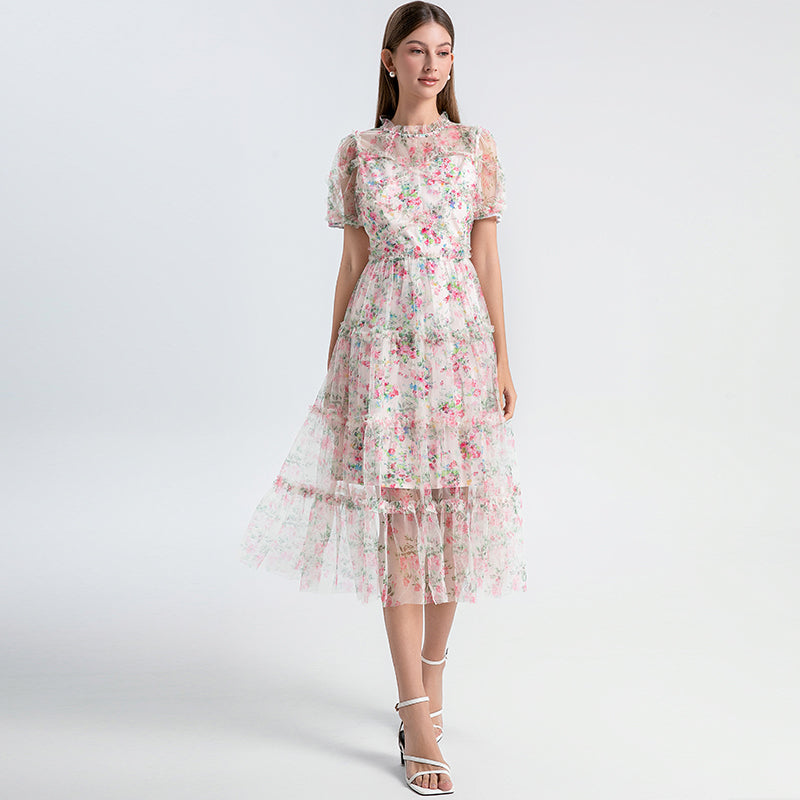Original design heavy industry nail drill small floral French boutique mesh summer sweet dress