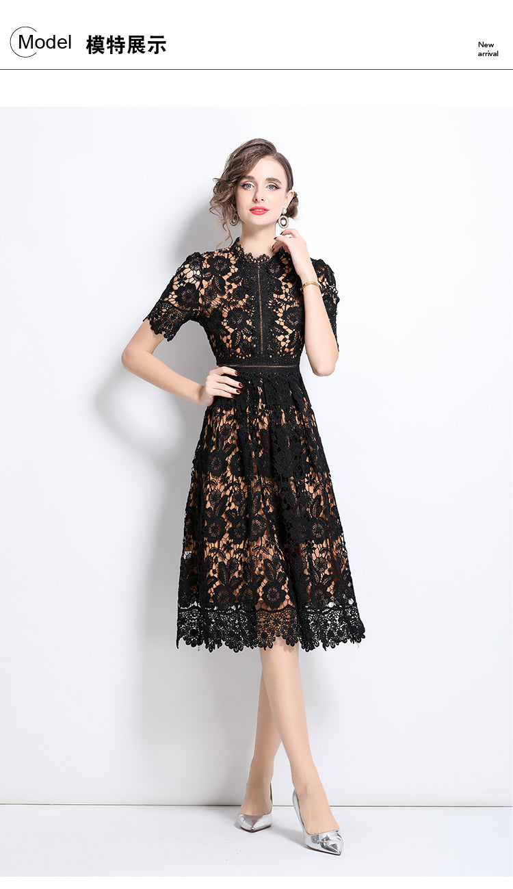 Original design short sleeved slimming hollow out water-soluble lace positioning mid length dress