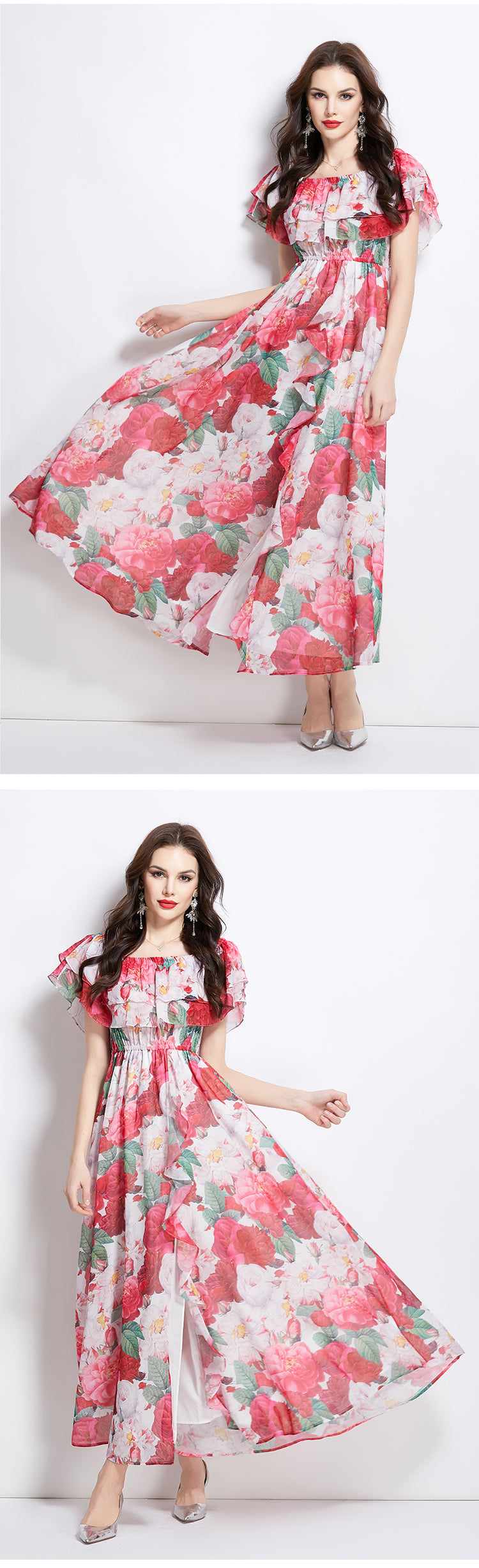 Original design for spring and summer ruffle edge one piece collar, waist cinched, big swing beach skirt, split chiffon dress