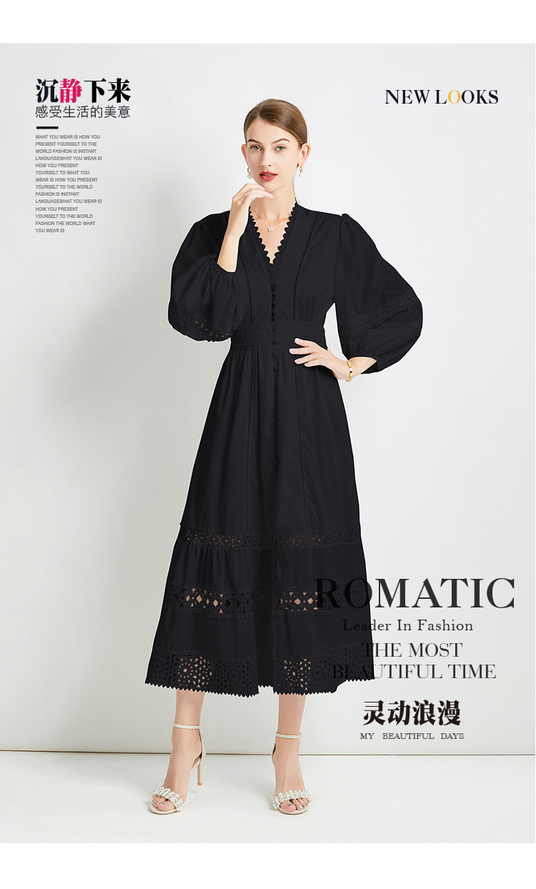 Original design fashionable temperament V-neck patchwork lace hollow out design sense long sleeved waist cinching dress