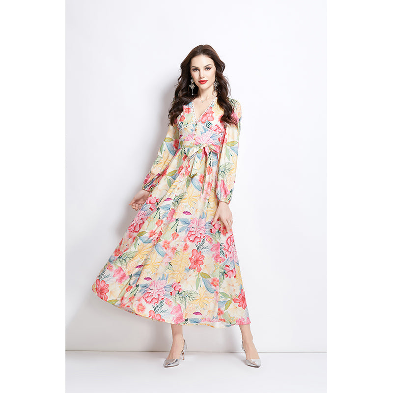Original Design Spring/Summer Watercolor Flower Long Sleeve Retro Long Dress