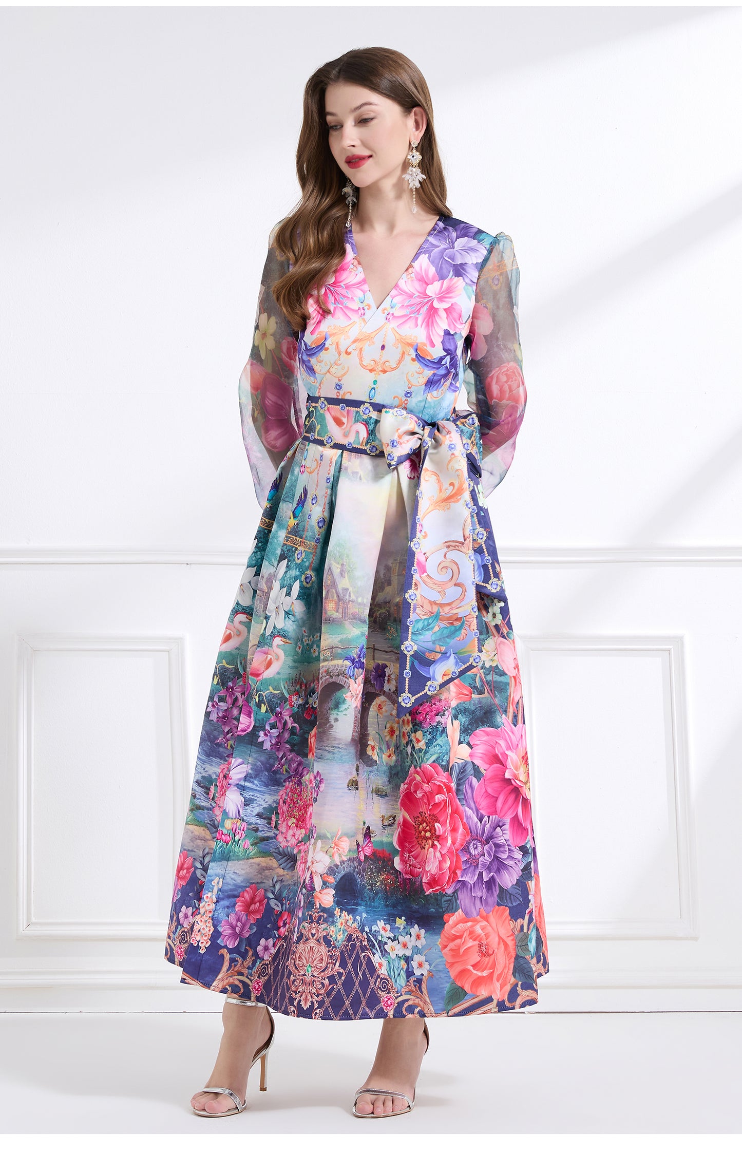 Original design - spring/summer resort-style lace-up wrap skirt, balloon sleeves, cross collar print, wide hem ruffle skirt