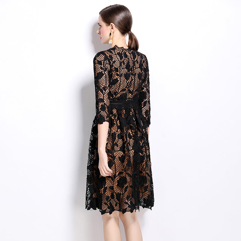 Original design mid long sleeved fashionable slimming hollow out water-soluble lace positioning mid length dress