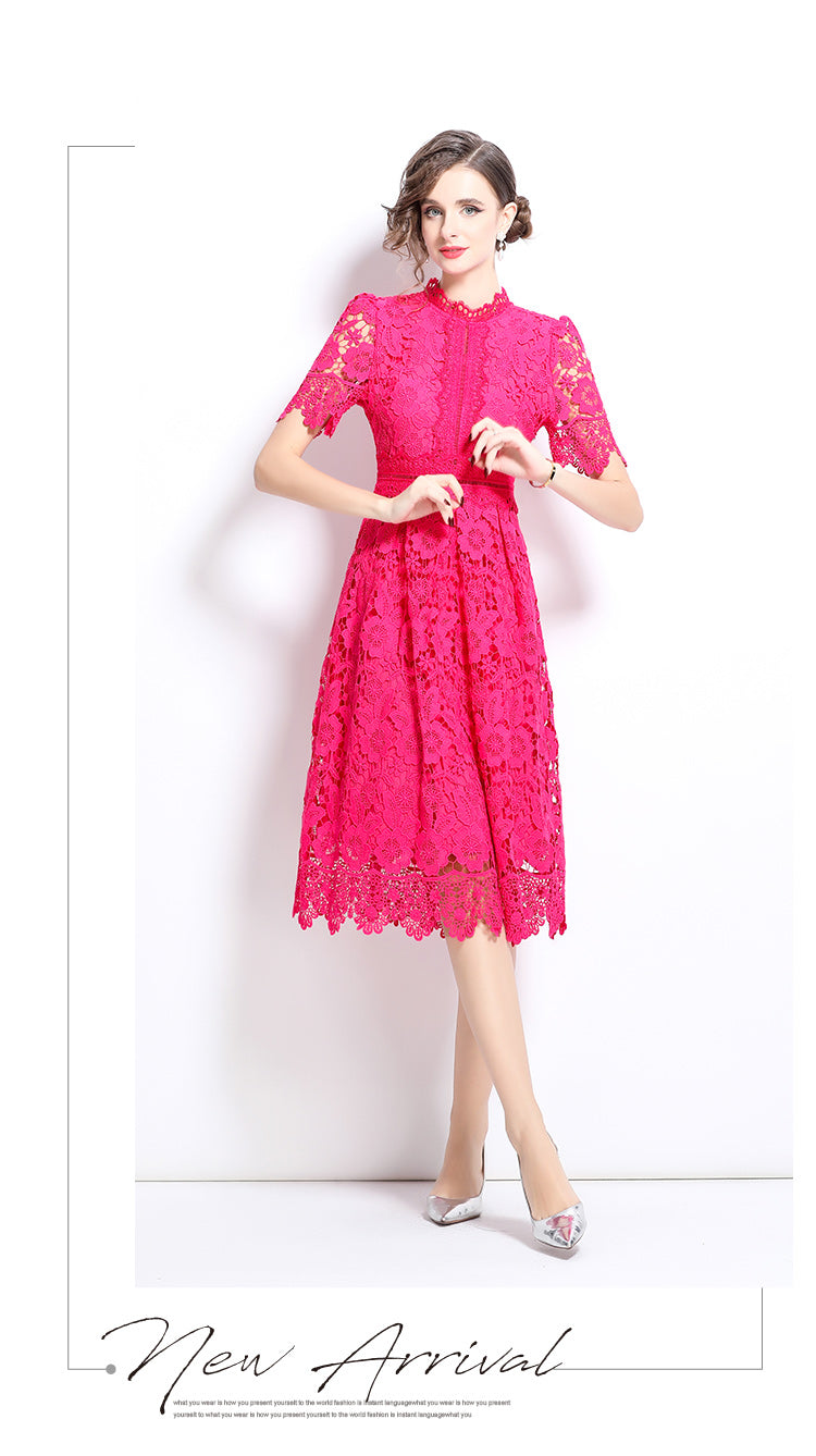 Original design short sleeved slimming hollow out water-soluble lace positioning mid length dress