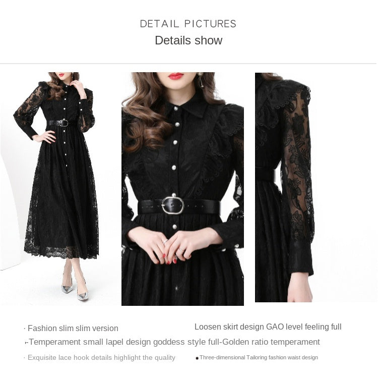 Original design: spring, summer, autumn resort, lapel, embroidered lace, balloon sleeve lace, long vintage dress