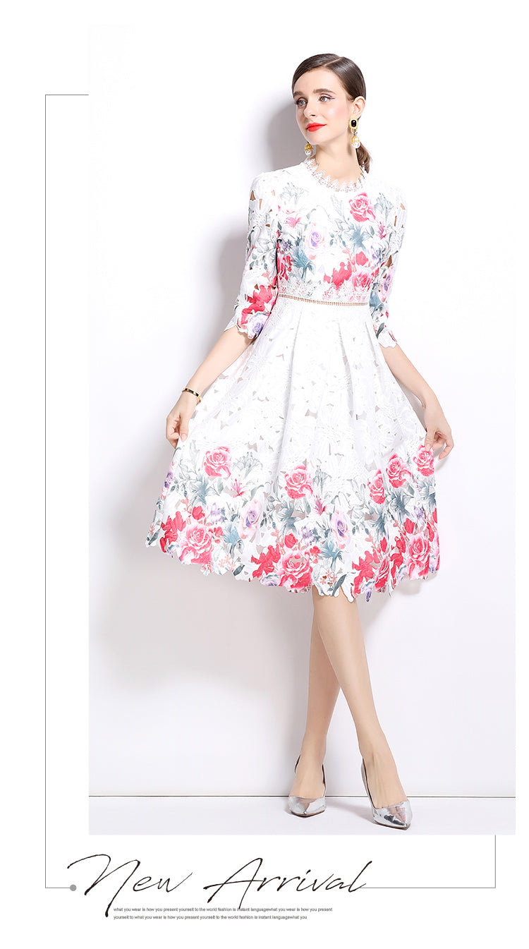 Original design mid long sleeved fashionable slimming hollow out water-soluble lace positioning mid length dress