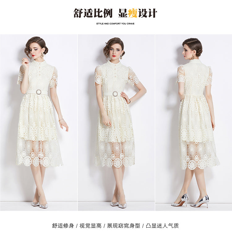 Original design niche dress new style temperament, waist cinching and slimming, hollow out water-soluble lace long skirt