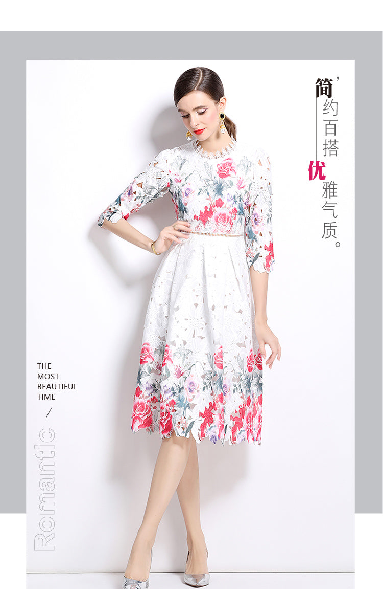 Original design mid long sleeved fashionable slimming hollow out water-soluble lace positioning mid length dress