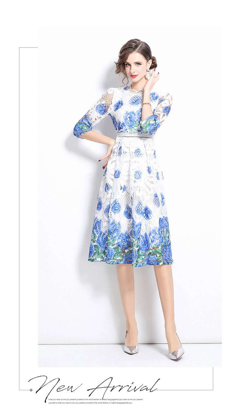 Original design mid long sleeved fashionable slimming hollow out water-soluble lace positioning mid length dress