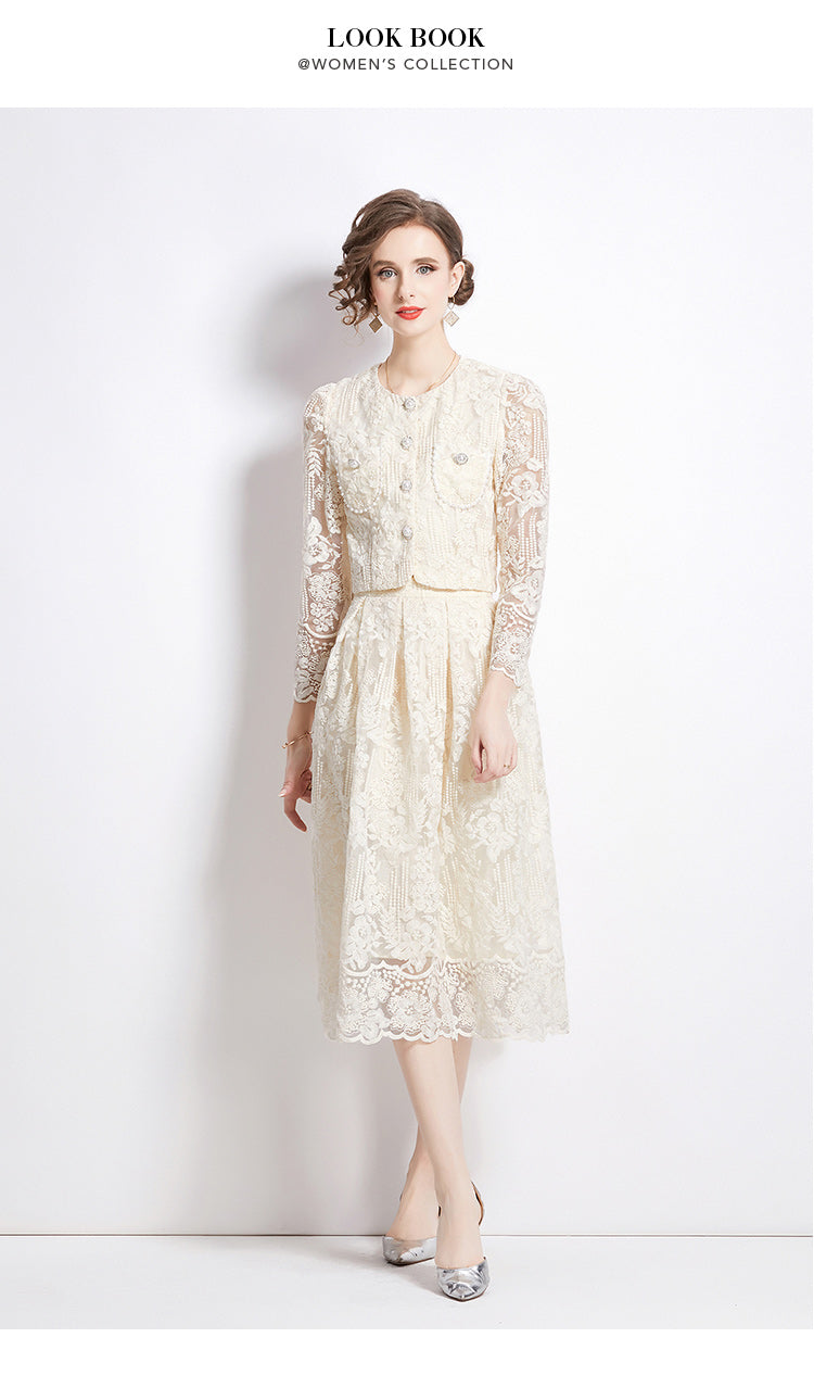 Original design for spring and summer long sleeved small fragrance style set light luxury temperament water-soluble lace skirt two-piece set