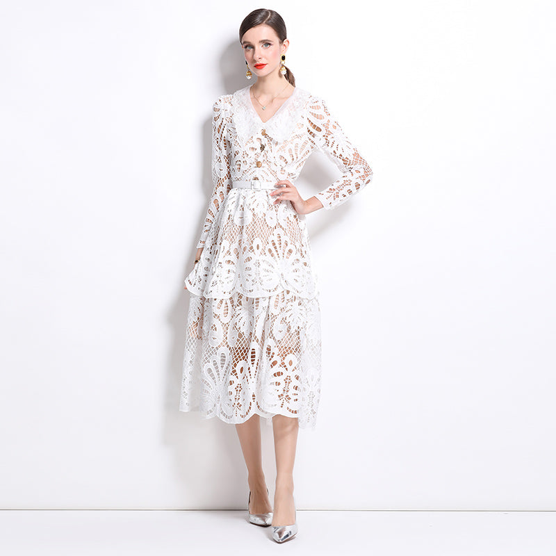 Original Design: Spring and Summer High End Water soluble Embroidered Medium length Skirt with V-neck and Waist cinching to Look Thin Dress