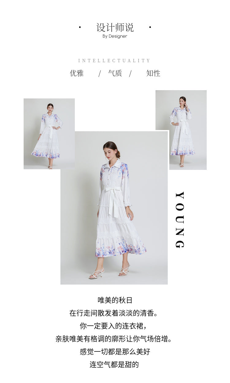Original design fashionable bohemian lapel lace border lantern sleeves cinched waist long printed dress
