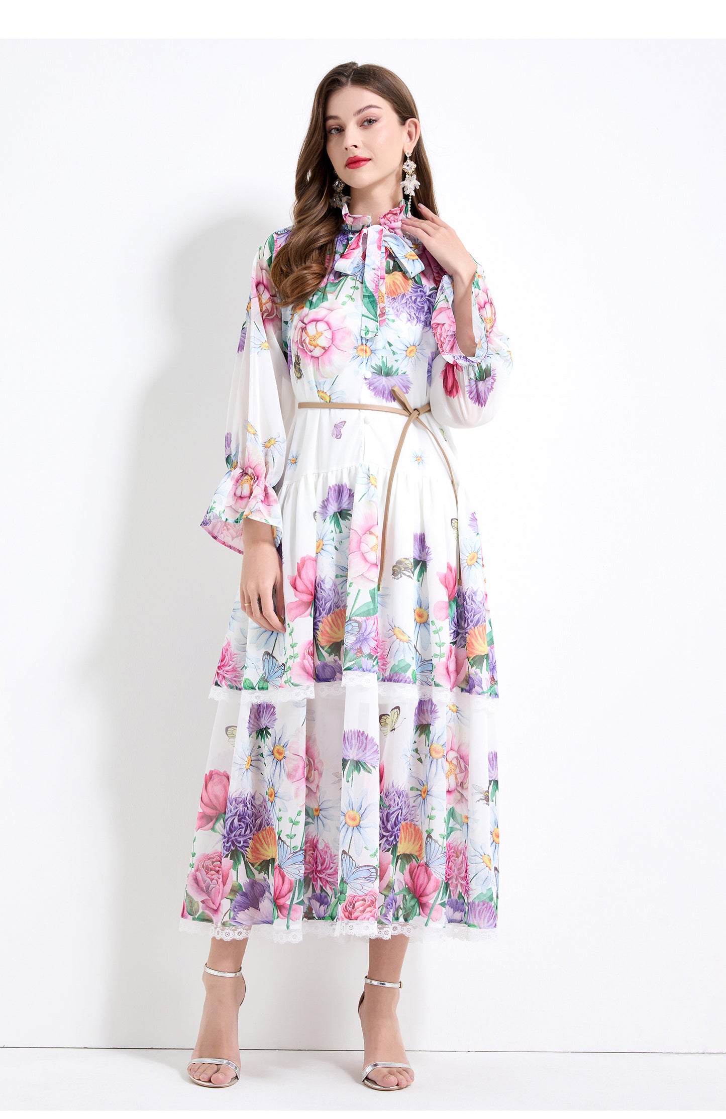 Original design - spring and summer fake lace cake skirt floral print waist ruffle skirt