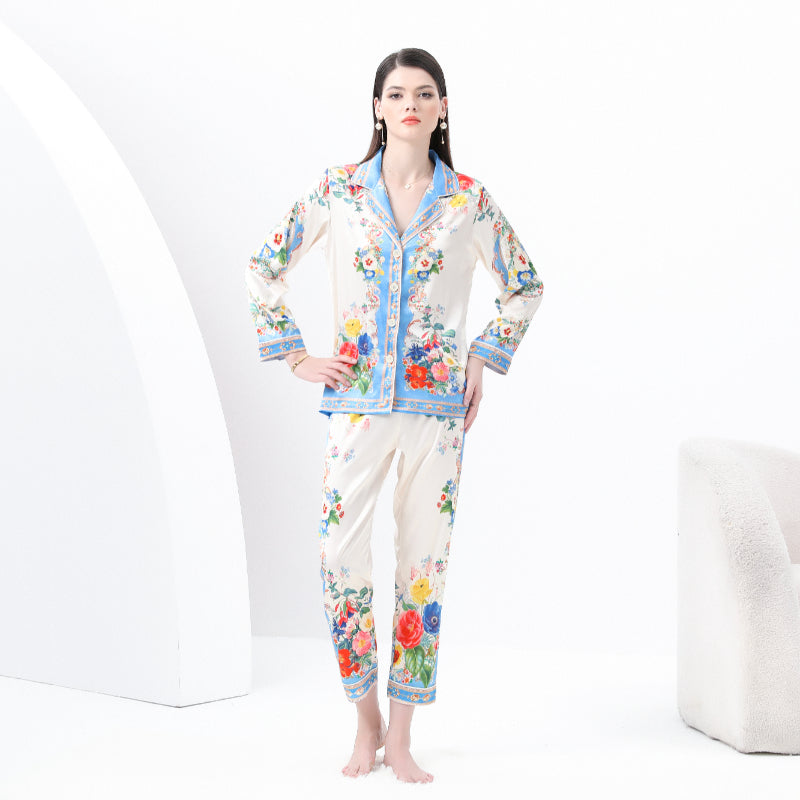 Original design spring/summer-autumn - casual trim pajama suit set with a suit collar long sleeves trousers print 2-piece set