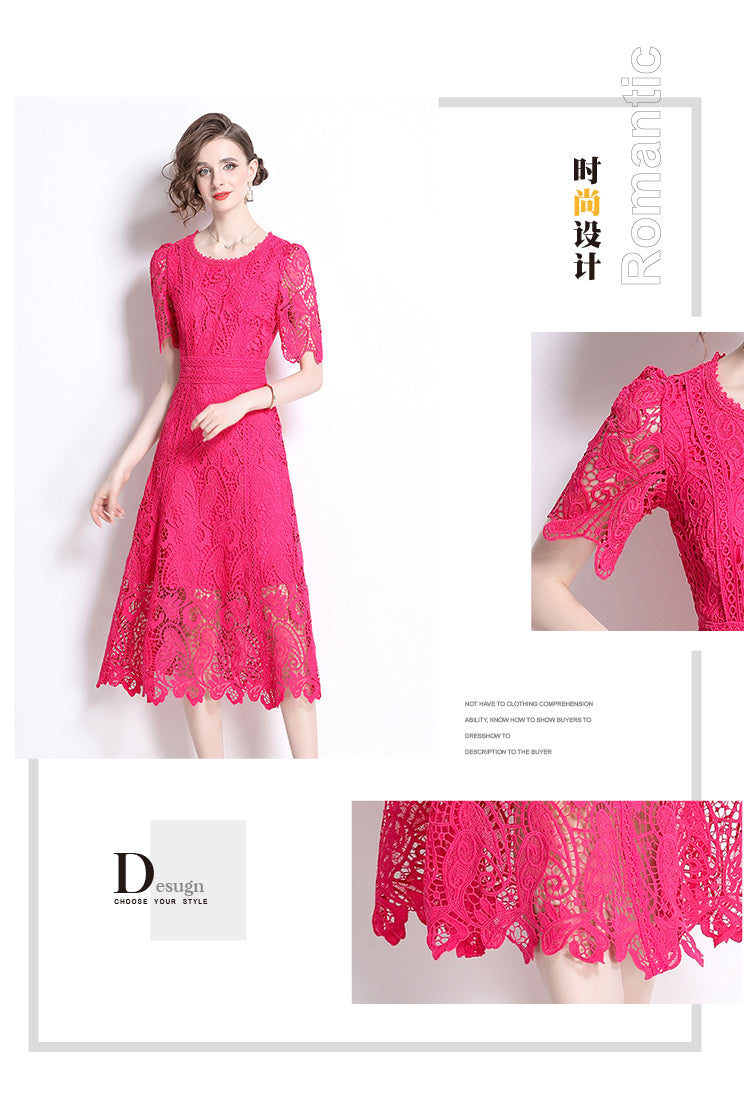 Original design temperament short sleeved skirt slim fit waist cinching heavy industry water-soluble lace dress for women