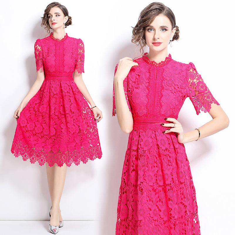 Original design short sleeved slimming hollow out water-soluble lace positioning mid length dress