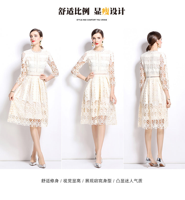 Original design mid long sleeved slimming hollow out water-soluble lace positioning printed mid length dress for spring, summer, autumn vacation