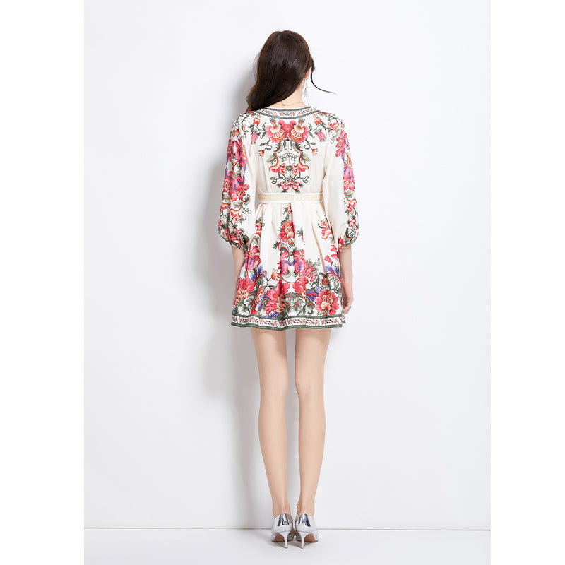 Original design spring summer autumn vacation ethnic style print elegant temperament short V-neck dress