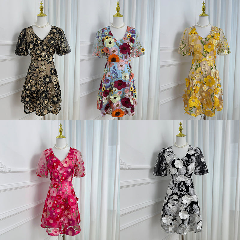 Meizhonggong boutique color handmade three-dimensional embroidered puff sleeve French pendulum dress