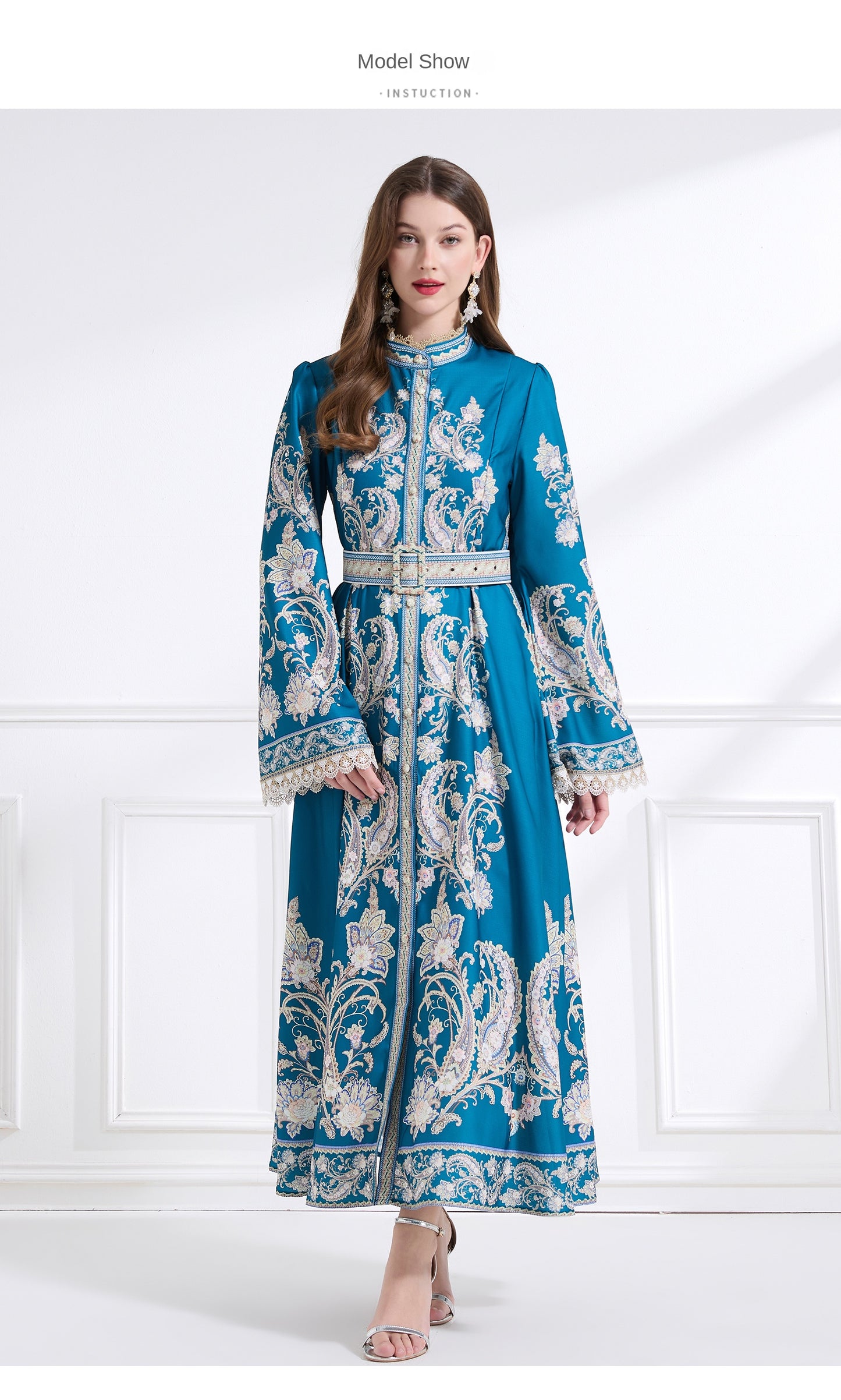 Original design - court-style vintage stand-up collar lace print tunic with large hem waist
