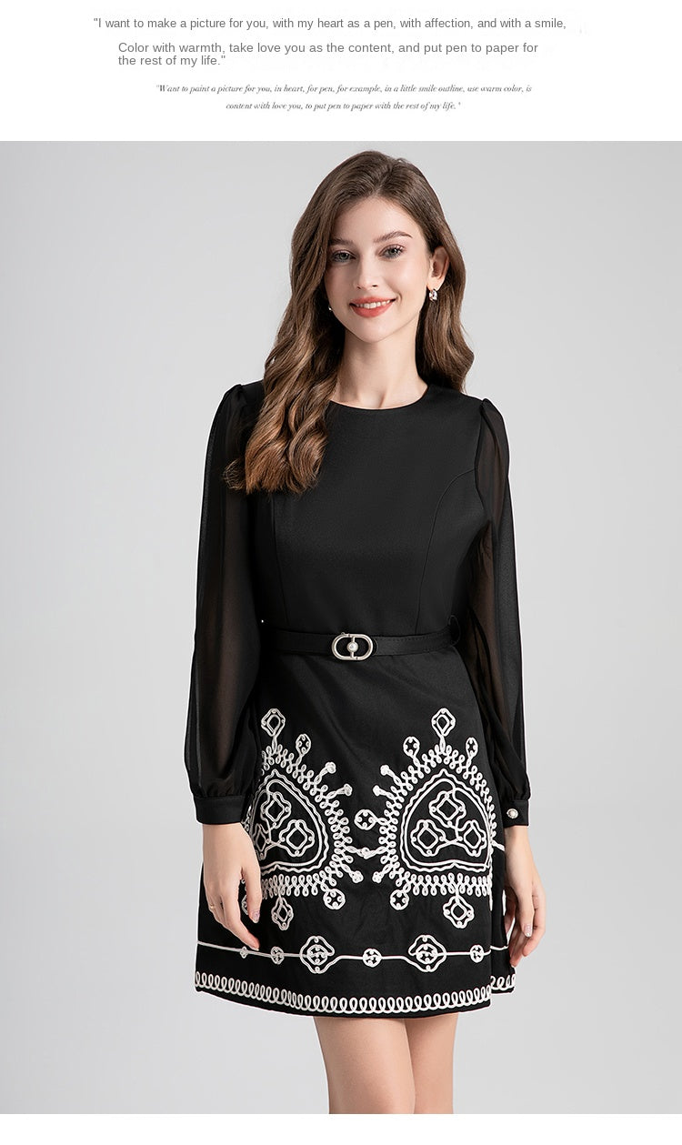 Original Design Light Luxury Heavy Industry Chiffon Splicing Plate Belt Embroidered High Waist Slimming Style Dress