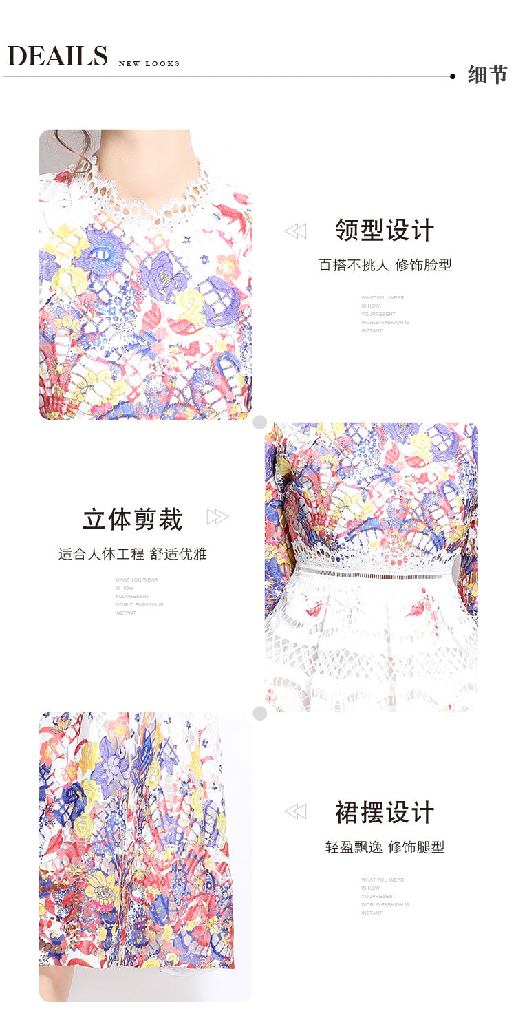 Original design mid long sleeved fashionable slimming hollow out water-soluble lace positioning mid length dress