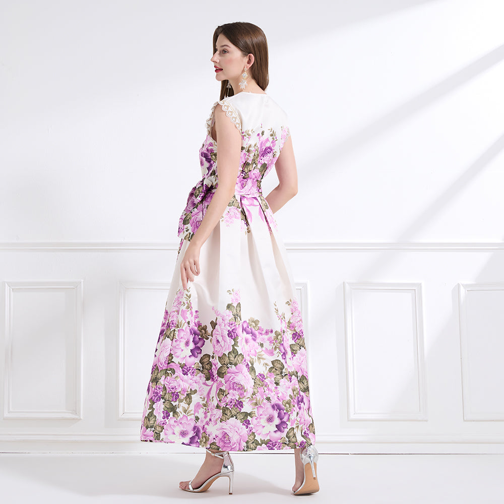 Original design - spring, summer and autumn fake wind, small flying sleeves, flower fairy print, seaside waist ruffle tie long skirt