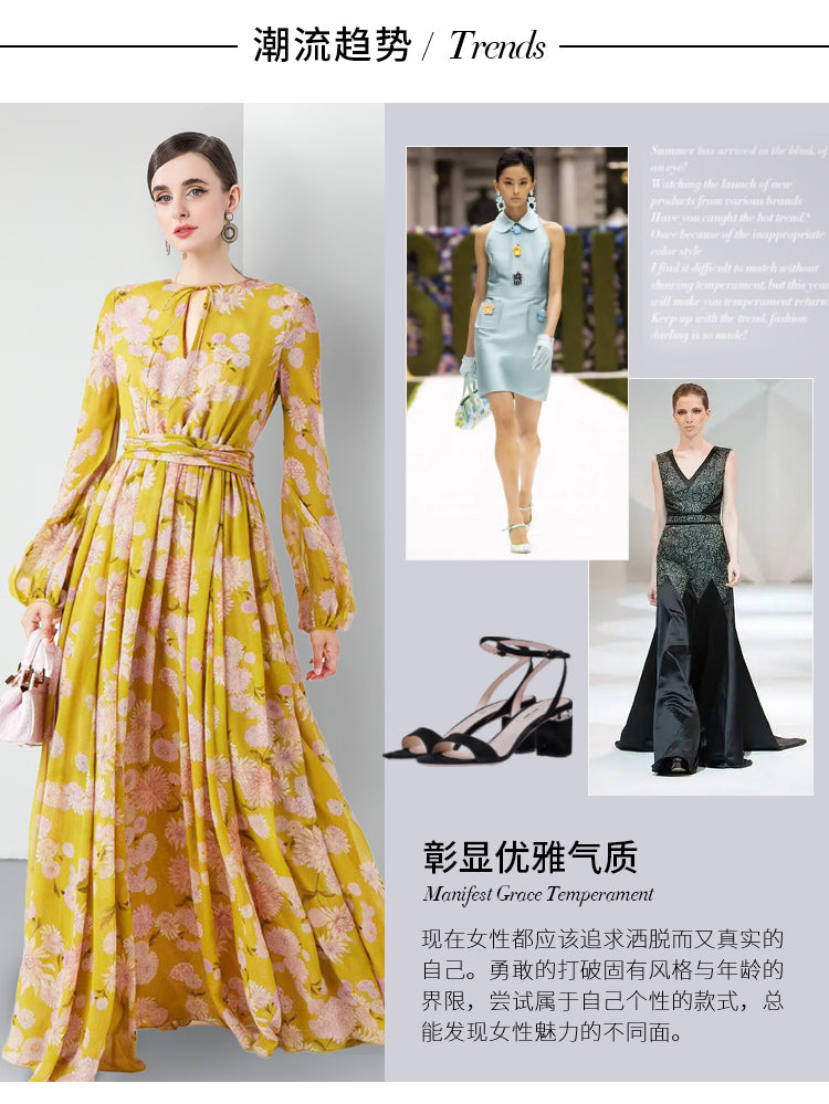 Original design for spring and summer three bedroom pleated 6-meter printed large skirt