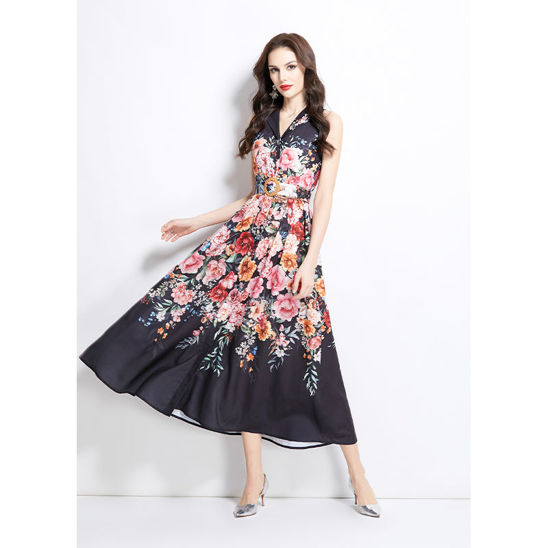 Original Design Spring/Summer Vacation Flower Oil Painting Style Shirt Long Dress