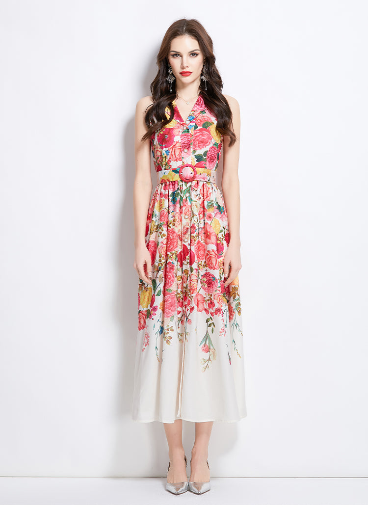 Original design for spring and summer vacation, new floral oil painting style shirt style long dress