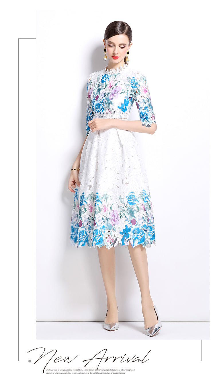 Original design mid long sleeved fashionable slimming hollow out water-soluble lace positioning mid length dress
