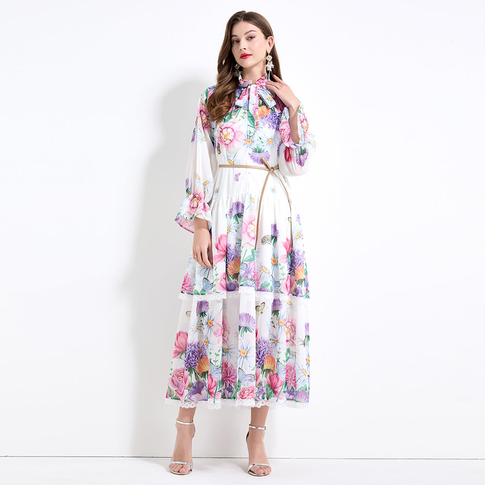 Original design - spring and summer fake lace cake skirt floral print waist ruffle skirt