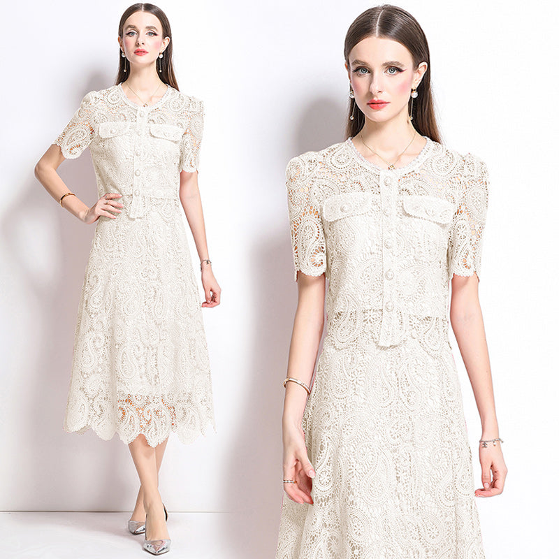 Original design for spring and summer small fragrance style set light luxury and high-end water-soluble lace skirt two-piece set