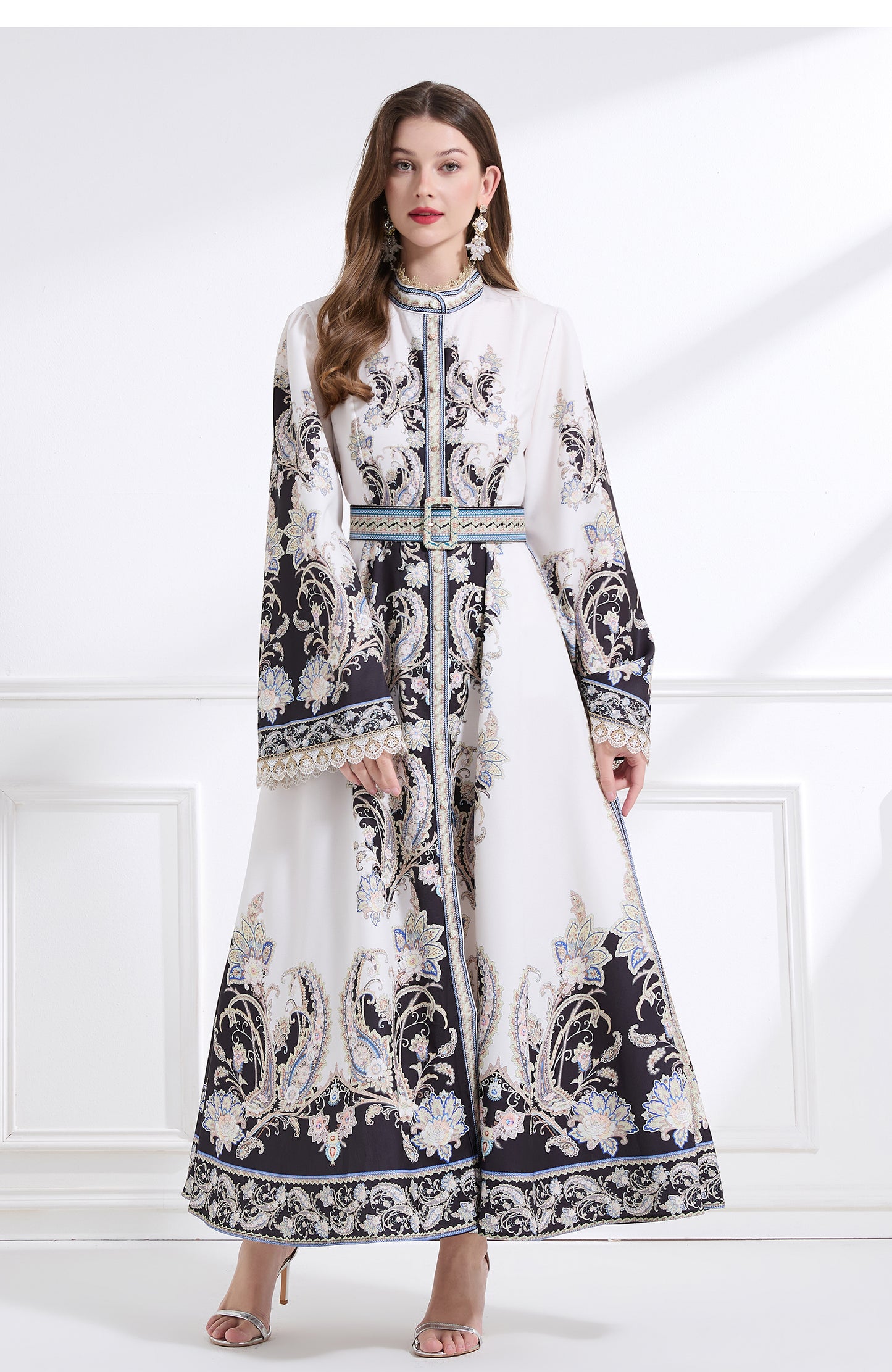 Original design - court-style vintage stand-up collar lace print tunic with large hem waist