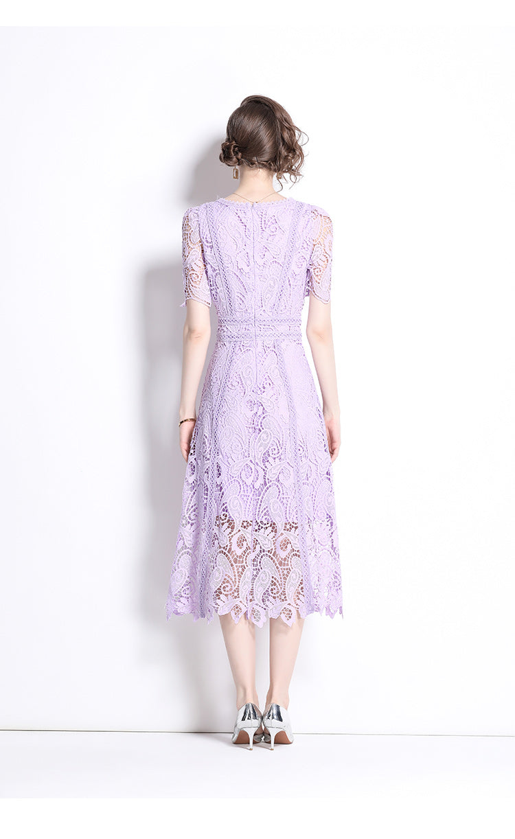 Original design temperament short sleeved skirt slim fit waist cinching heavy industry water-soluble lace dress for women