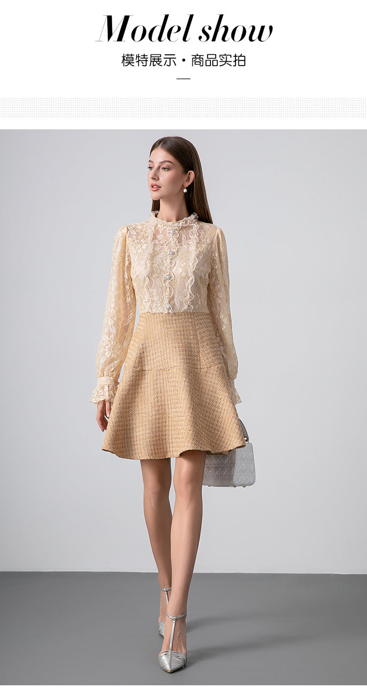 Original Design Heavy Industry Boutique Lace Splicing Coarse tweed Temperament Fake Two Small Fragrant Nail Bead Dresses