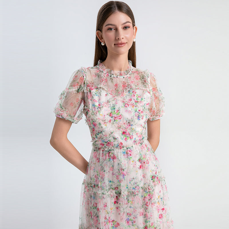 Original design heavy industry nail drill small floral French boutique mesh summer sweet dress