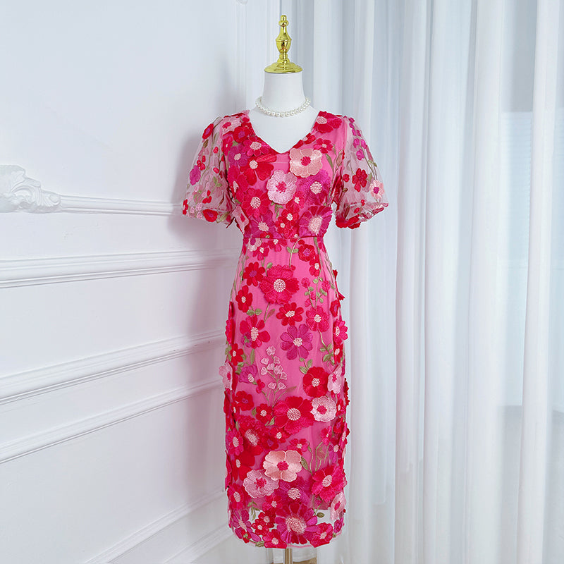Art embroidery boutique color hand-ordered vintage V-neck slit wrap hip dress