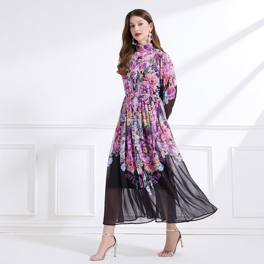 Original design - stand collar, watercolor, floral print, balloon sleeves, cinched waist, large skirt, ruffled skirt