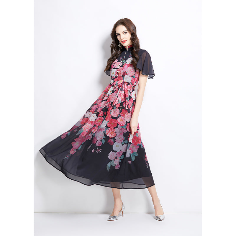 Original design for spring and summer small flying sleeves ruffled edges floral patterns colorful waist cinched stand up collar dress