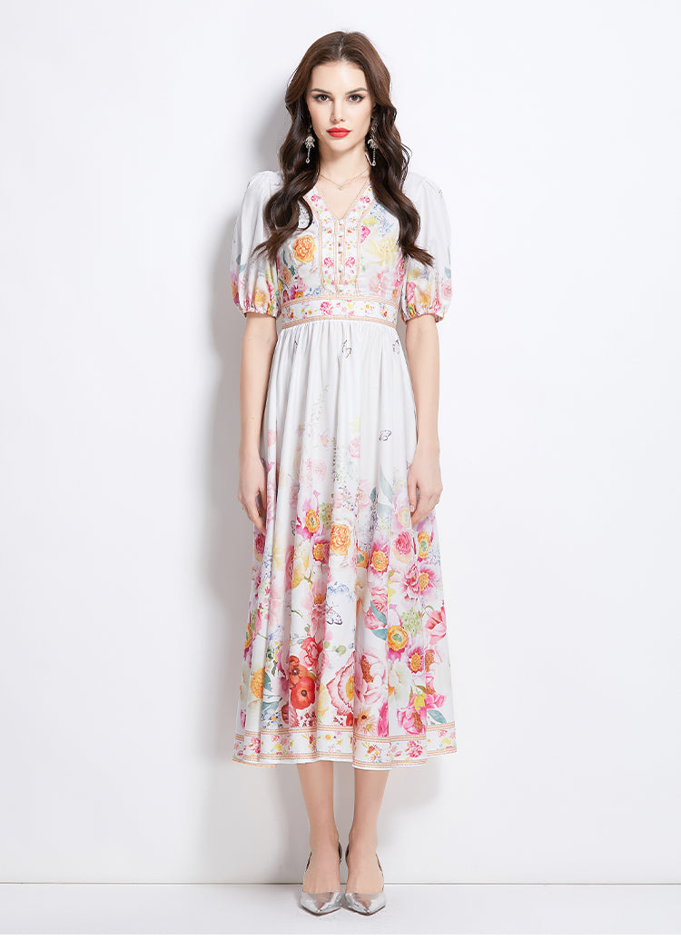 Original design for spring and summer new style bubble sleeve oil painting style waist cinched V-neck dress